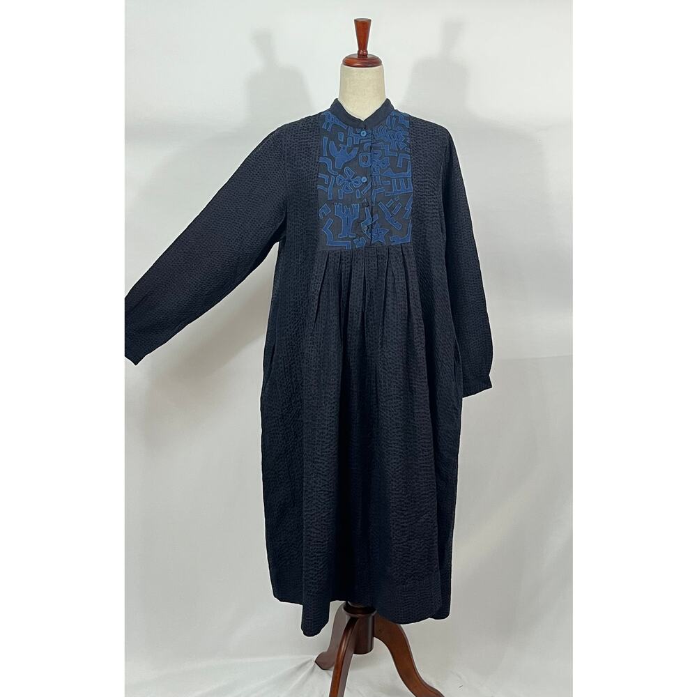 MAKU Sz L Large Jataka Kukkuta Indigo Blue Cotton Silk Wool Midi Dress